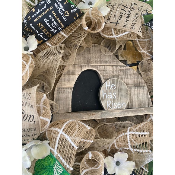 Wooden Christian He is Risen From the Tomb Sign Deco Mesh Ribbon Easter wreath - Picture 10 of 10